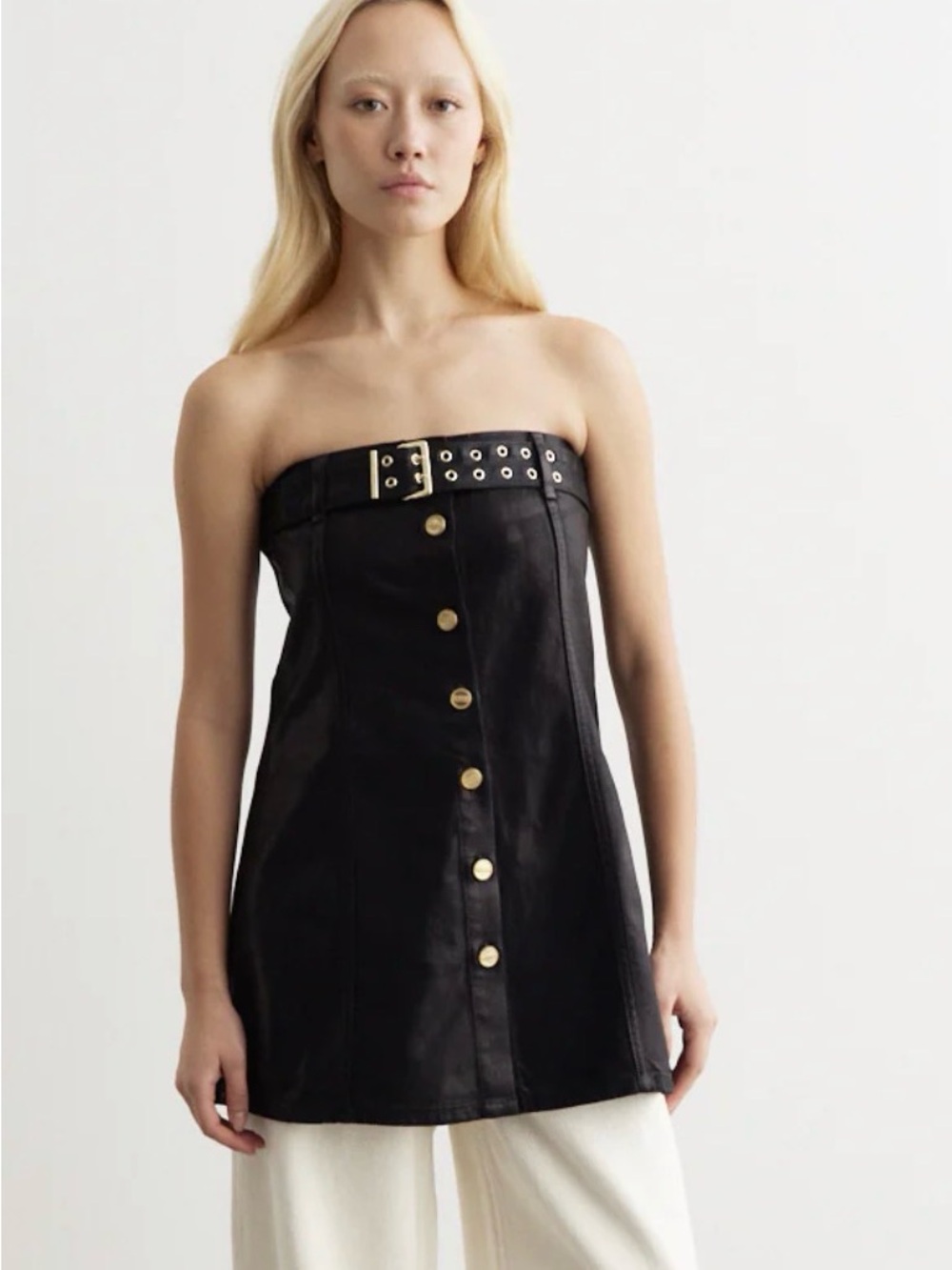 Ganni Strapless Black Button-Front Mini Dress with Grommet Belt
